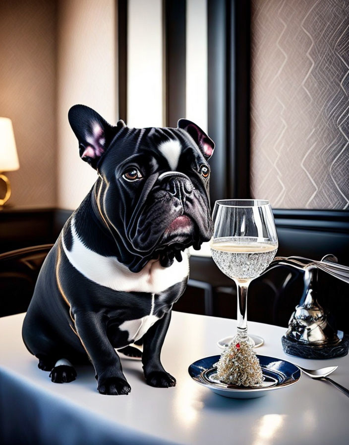 Black and white French bulldog at a table with water glass and food plate in elegant room