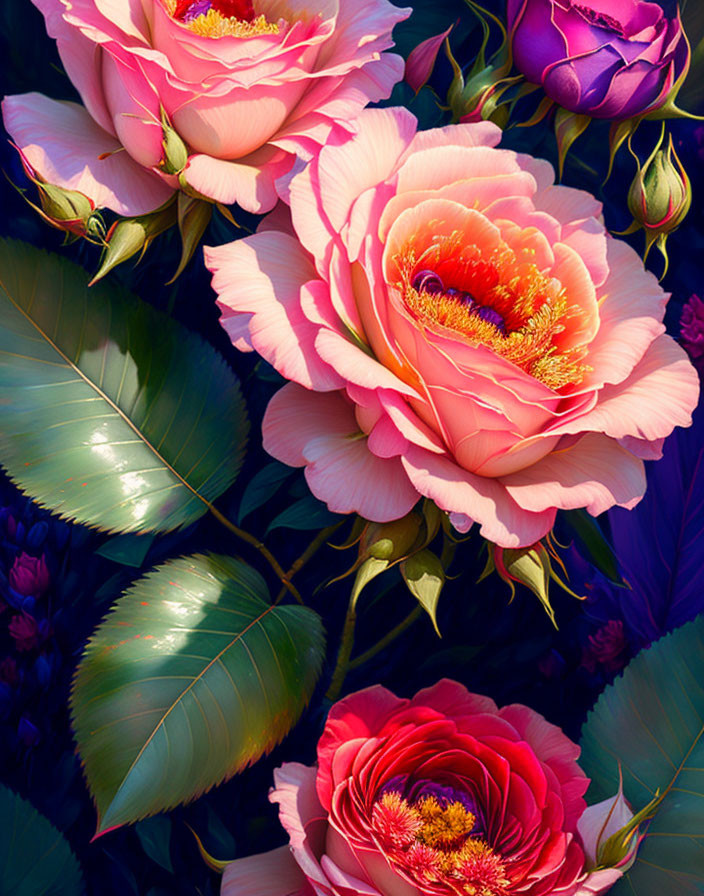 Detailed Pink and Violet Peonies in Vibrant Digital Illustration