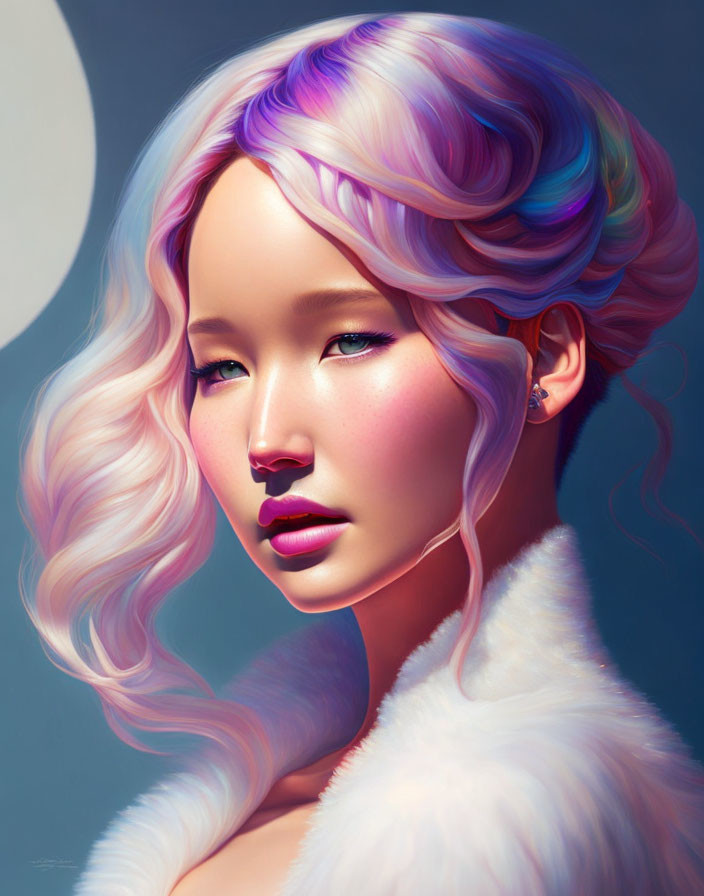 Iridescent Pastel Hair Woman Portrait in Moonlit Setting