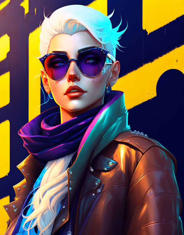 Portrait of person with platinum blonde hair, purple sunglasses, teal scarf, leather jacket on yellow-blue background