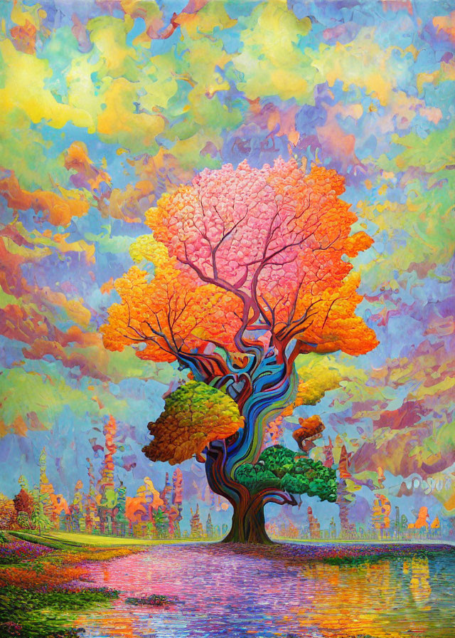 Colorful Tree Painting by Calm Lake with Rainbow Sky