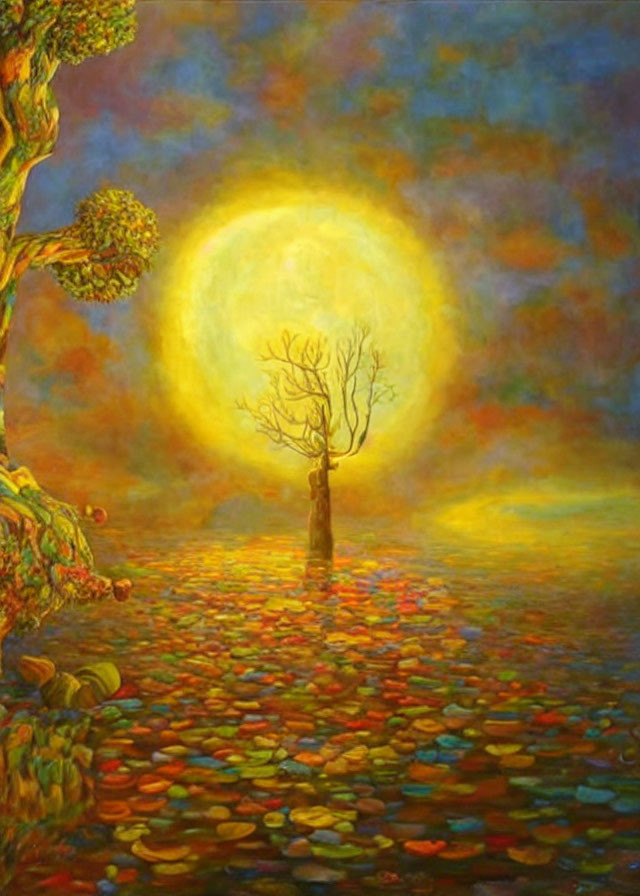 Colorful painting of bare tree under full moon