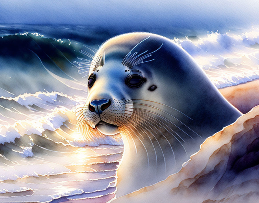 Seal Illustration on Rock with Serene Expression, Waves, Blue Sky