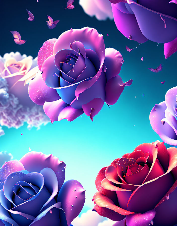 Digitally rendered blue, purple, and red roses with butterflies and petals on soft-focus backdrop