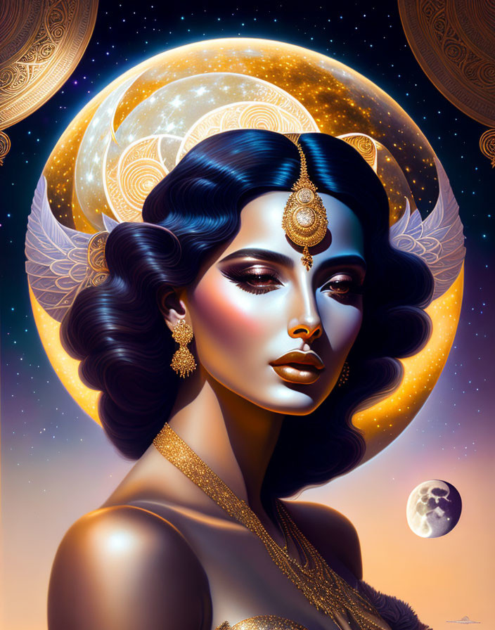 Illustrated portrait of woman with celestial motifs and serene expression on night sky backdrop.