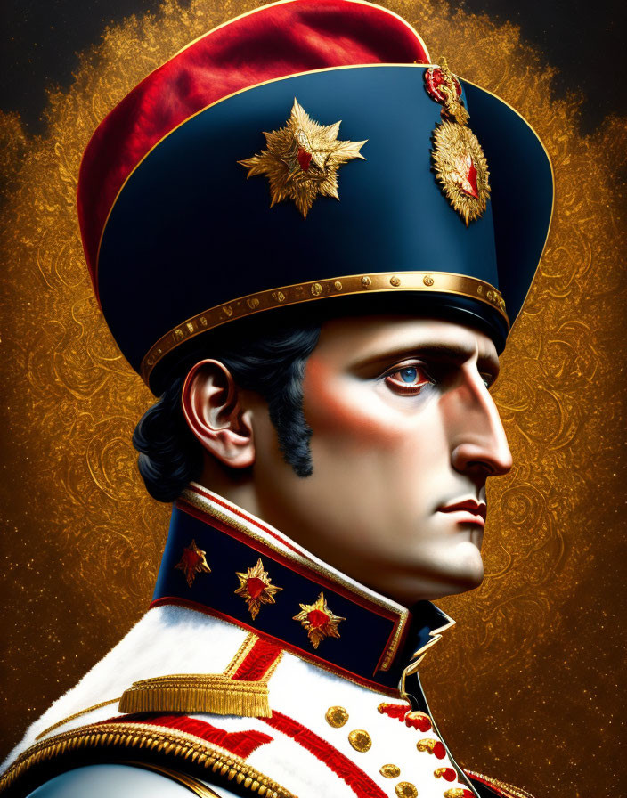 Detailed digital portrait of a man in military uniform with bicorne hat and golden flourishes.