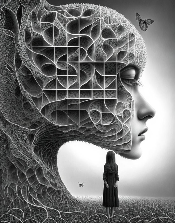 Surreal grayscale artwork of woman and giant face with butterfly and bicycle