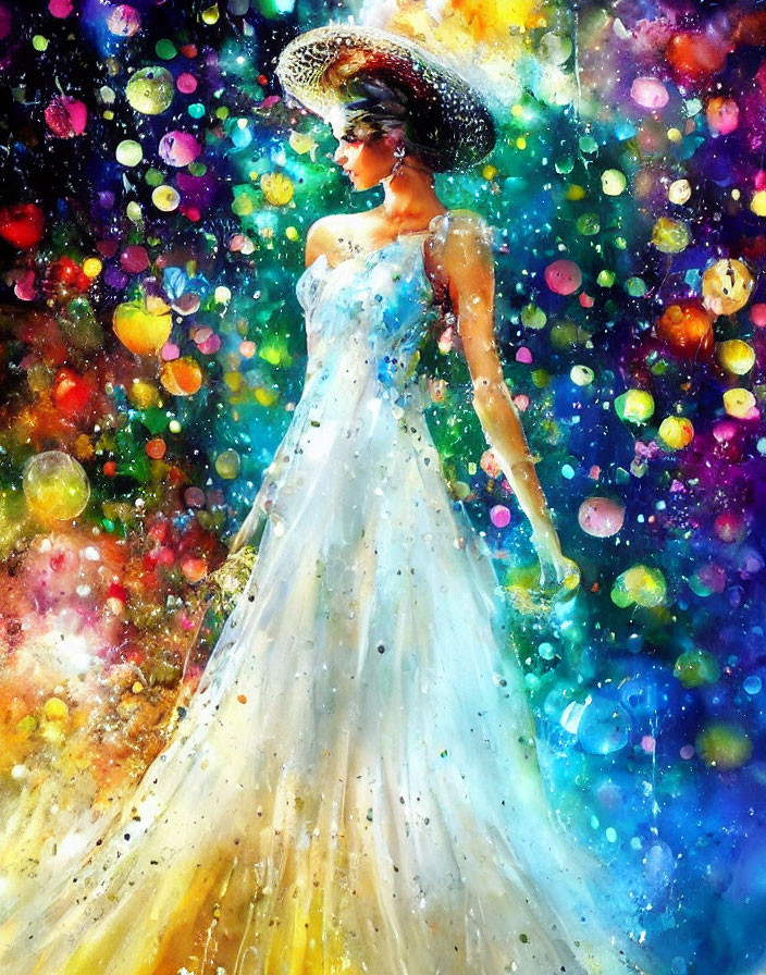 Woman in flowing white gown with colorful orbs in cosmic setting