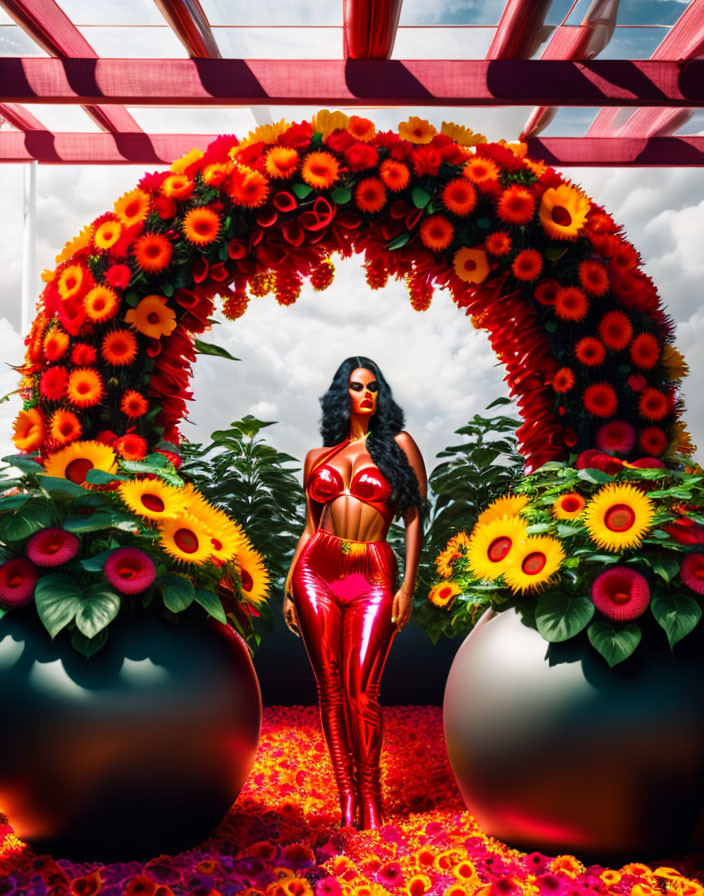 Woman in Red Metallic Outfit Under Sunflower Arch with Flower Spheres