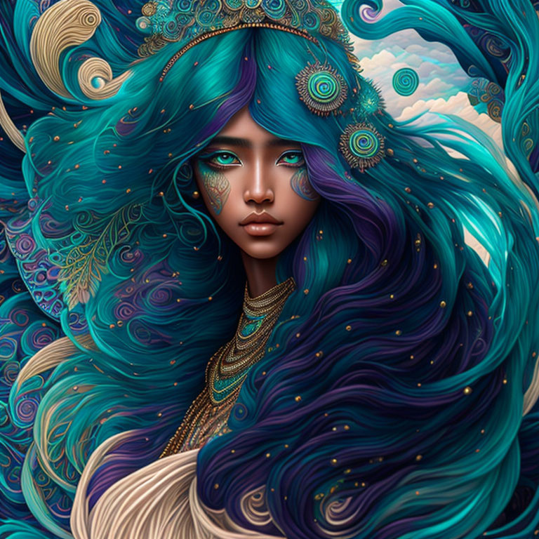 Vivid artwork: Woman with teal hair and gold peacock accessories