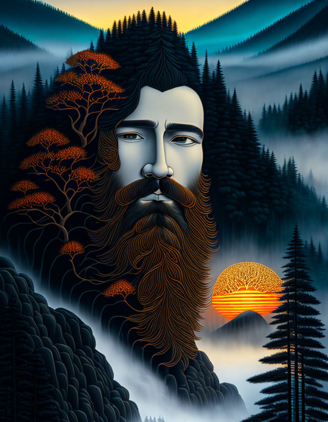 Bearded man's face with forest landscape beard and setting sun