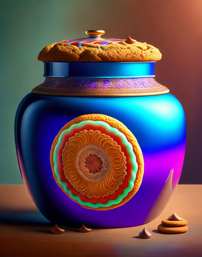 Blue Cookie Jar with Ornate Orange Patterns and Cookies