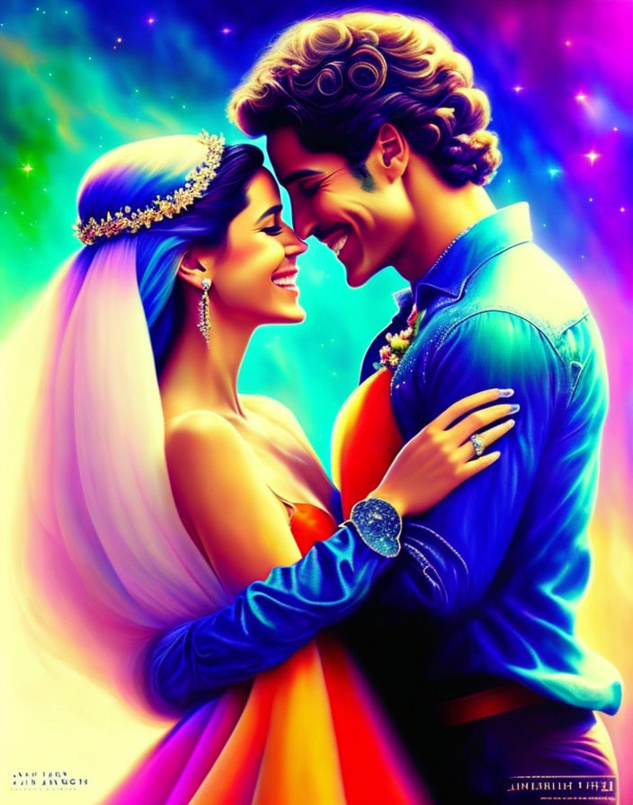 Colorful Illustration: Couple Embracing in Starry Scene