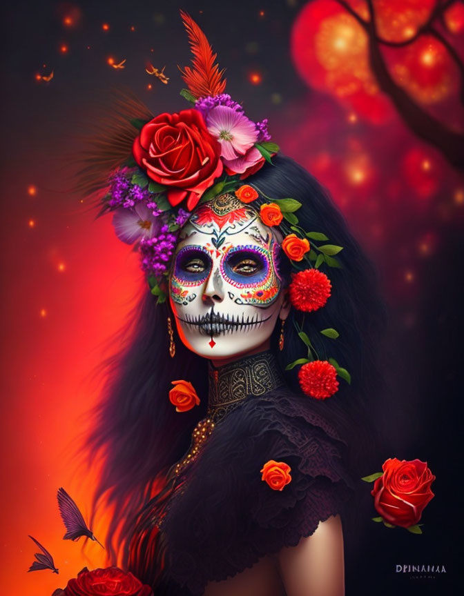 Catrina with Sugar Skull Makeup and Floral Adornments on Red Background