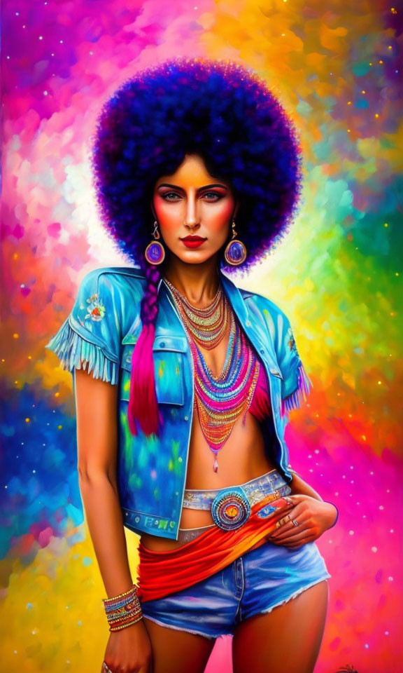 Colorful portrait of woman with large afro and denim vest in psychedelic setting