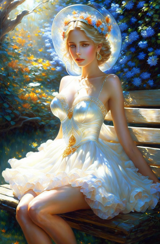 Woman in White Dress with Gold Accents Sitting on Wooden Bench in Lush Greenery