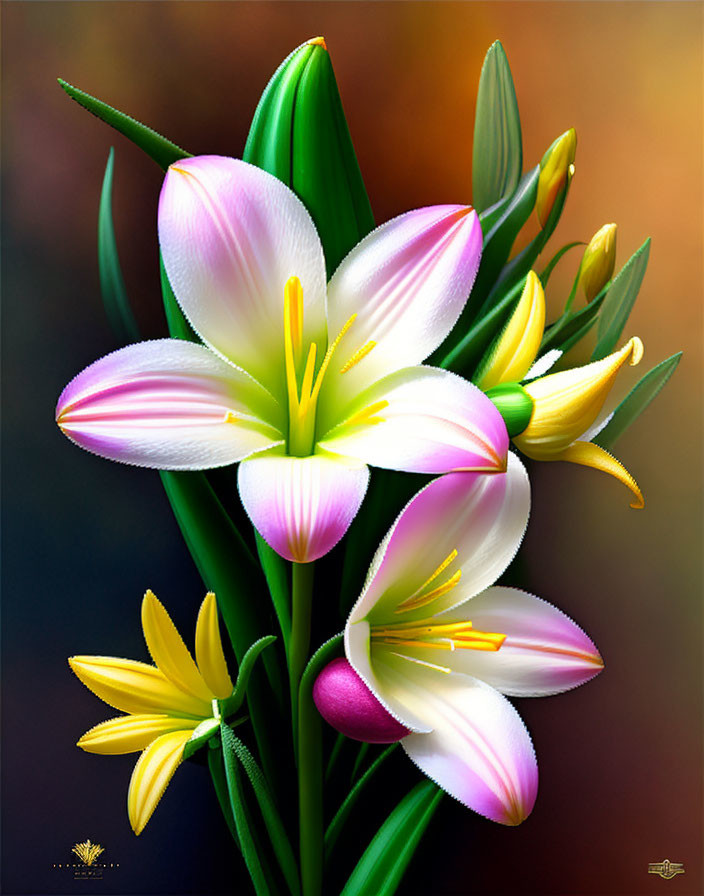 Colorful digital art bouquet with pink and white lilies and yellow stamens on soft background