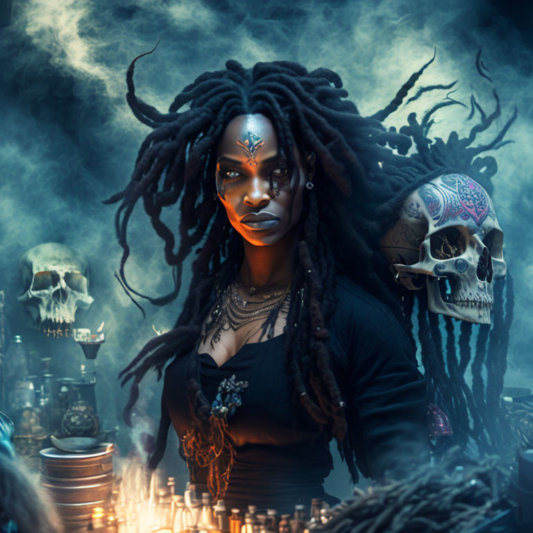 Person with face paint and dreadlocks surrounded by candles, bones, and mystic items.