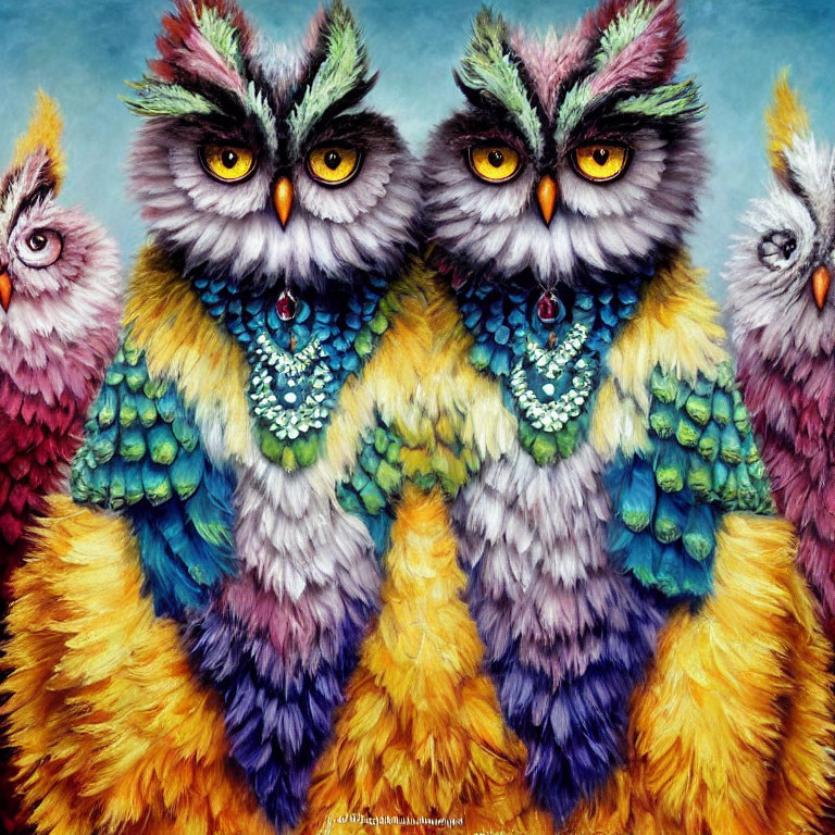 Vibrant owl-themed artwork with colorful feathers and jewel-like pendants