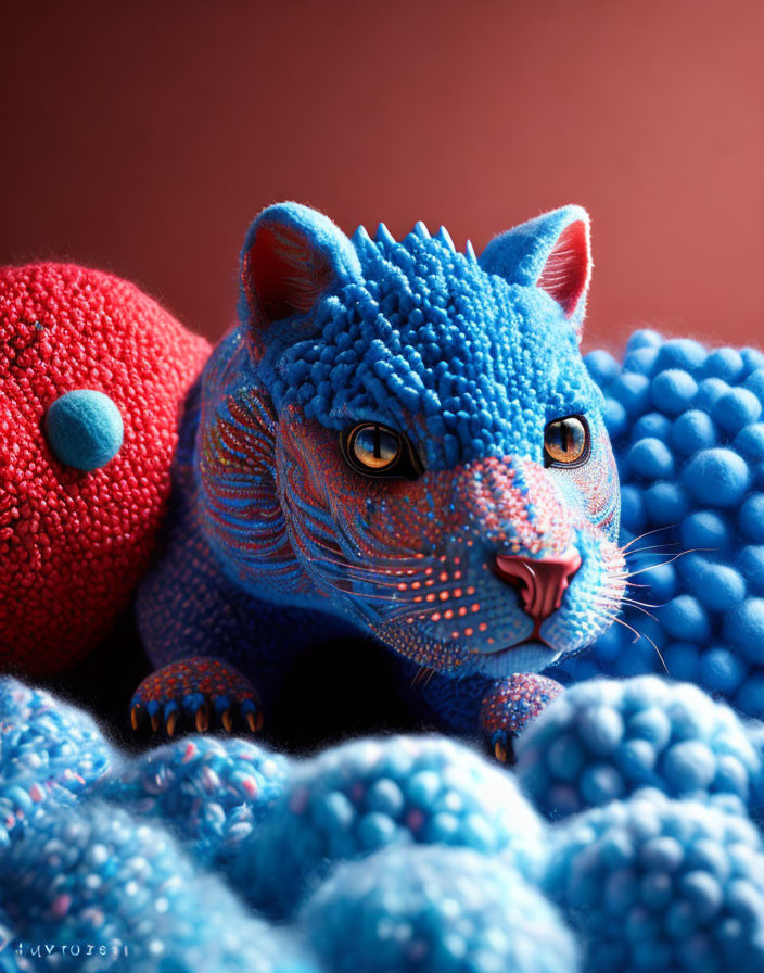 Colorful textured illustration of a blue cat with intricate patterns in a sphere-filled setting