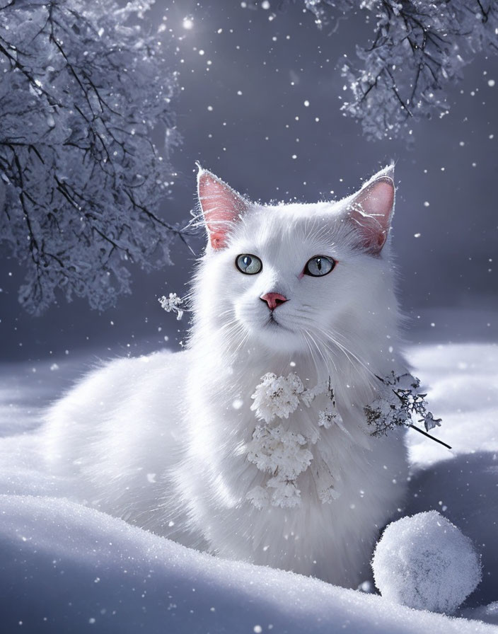 Fluffy white cat with blue eyes in snowy landscape