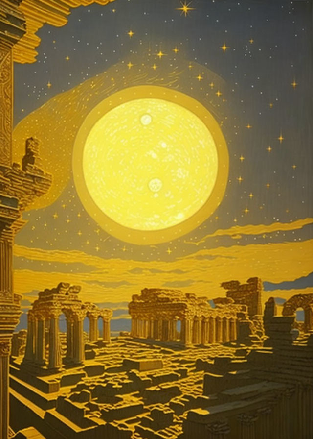 Starry sky over ancient ruins with oversized golden moon