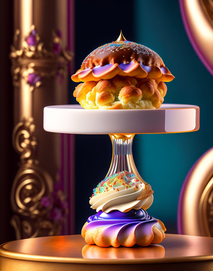 Layered Cream Puff Dessert on Luxurious Purple and Gold Background