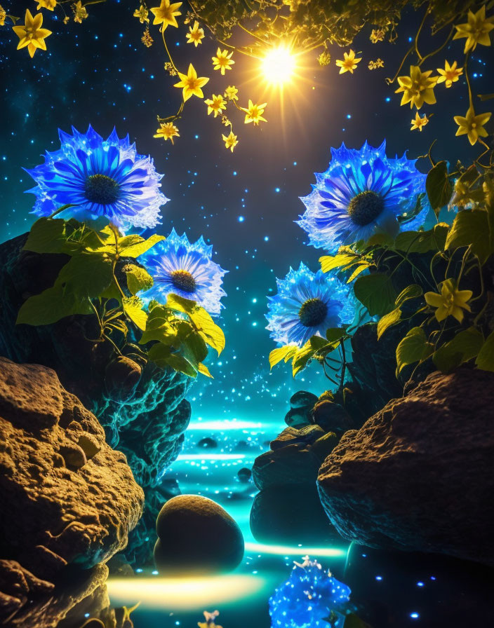 Vibrant blue flowers and yellow stars in magical nightscape.