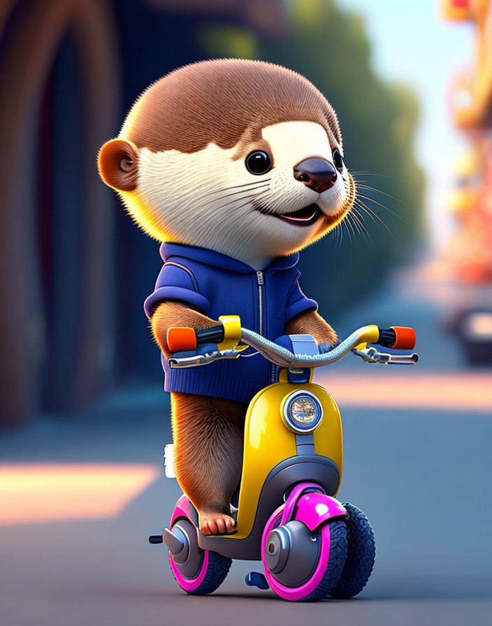 Animated otter in jacket rides scooter on sunlit street