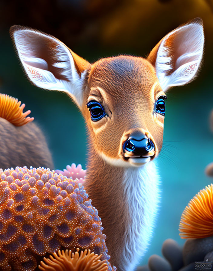 Fantastical digital image of a fawn in vibrant orange flora