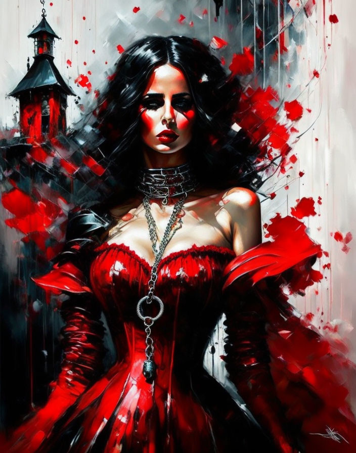 Gothic woman in red dress with church spire and red splashes