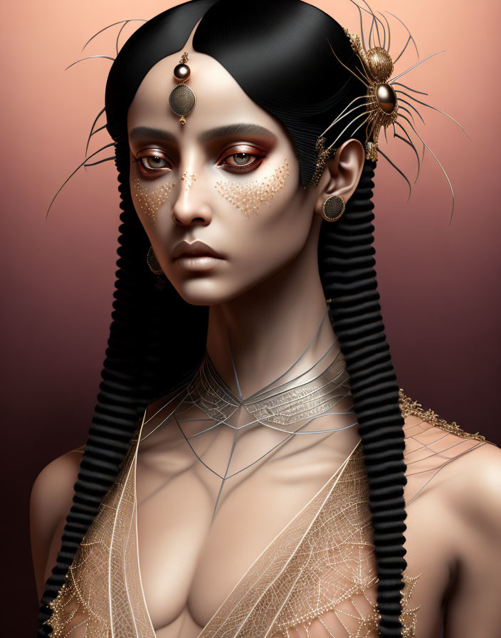 Woman adorned with elaborate gold jewelry and striking makeup on warm background