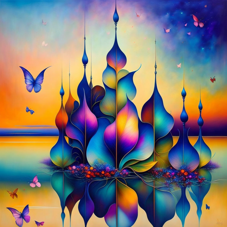 Colorful surreal painting: leaf-like structures, sunset sky, butterflies.