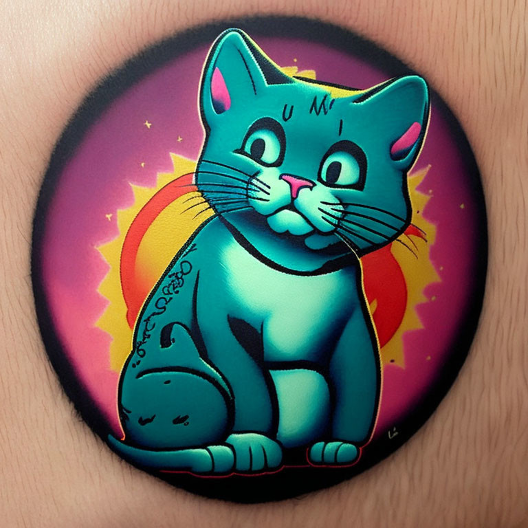 Colorful Cartoonish Cat Body Art with Sunset Background