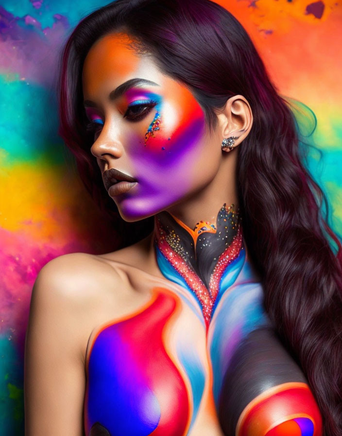 Vibrant body paint with bold colors and glitter details on a woman posing against a colorful background