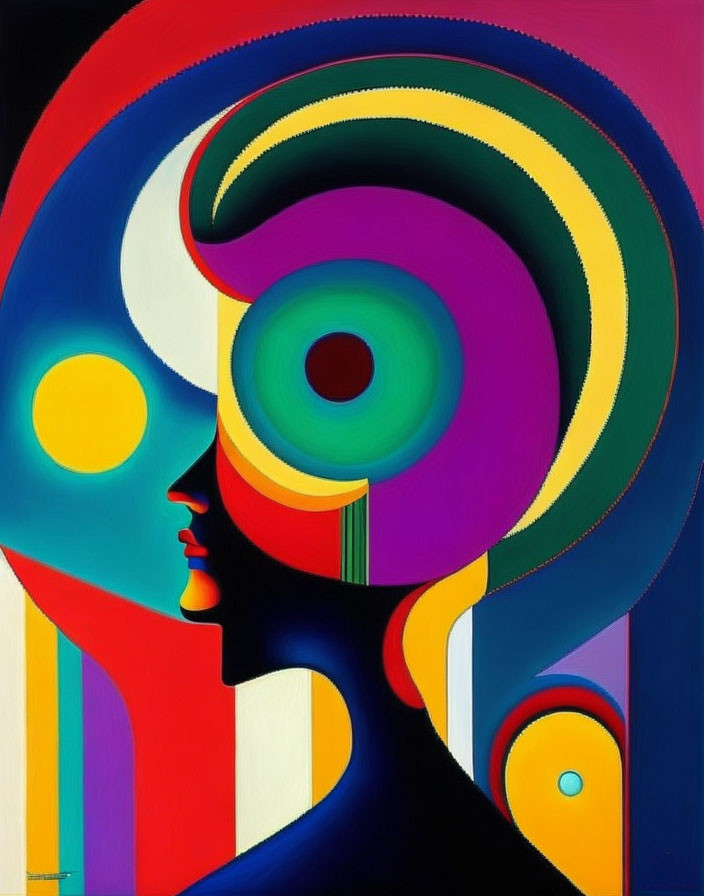 Colorful Abstract Portrait with Vibrant Circles on Black Background