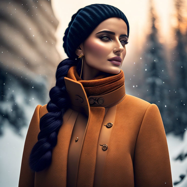 Stylish woman in orange coat and beanie gazes in snowy forest