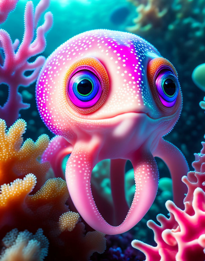 Vibrant Octopus Illustration with Purple Eyes and Pink Skin