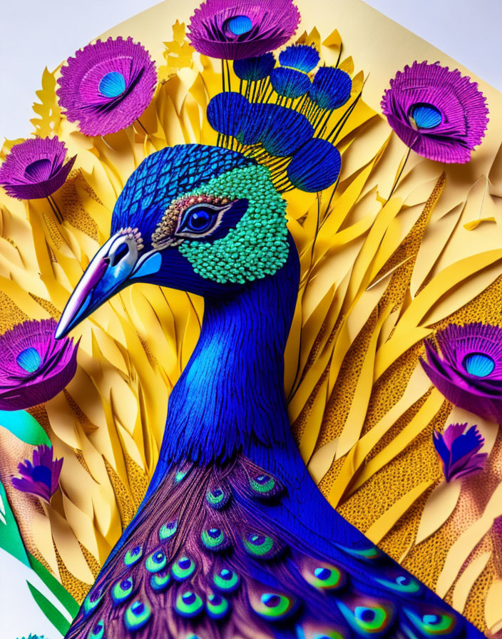 Vibrant peacock paper art with detailed plumage and abstract backdrop