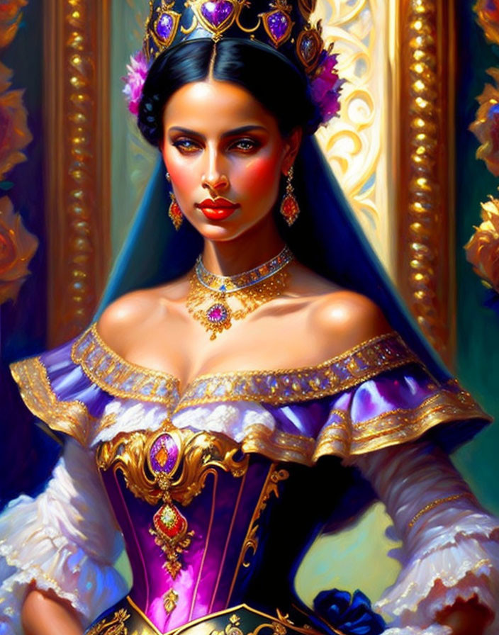 Regal Woman in Purple and Gold Gown with Crown and Earrings