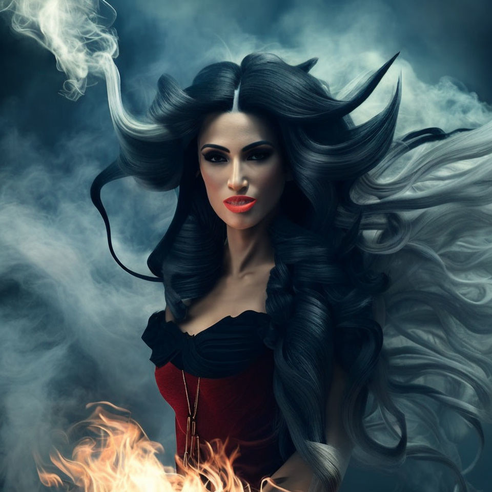 Surreal portrait of woman with black hair, red lips, and fiery backdrop