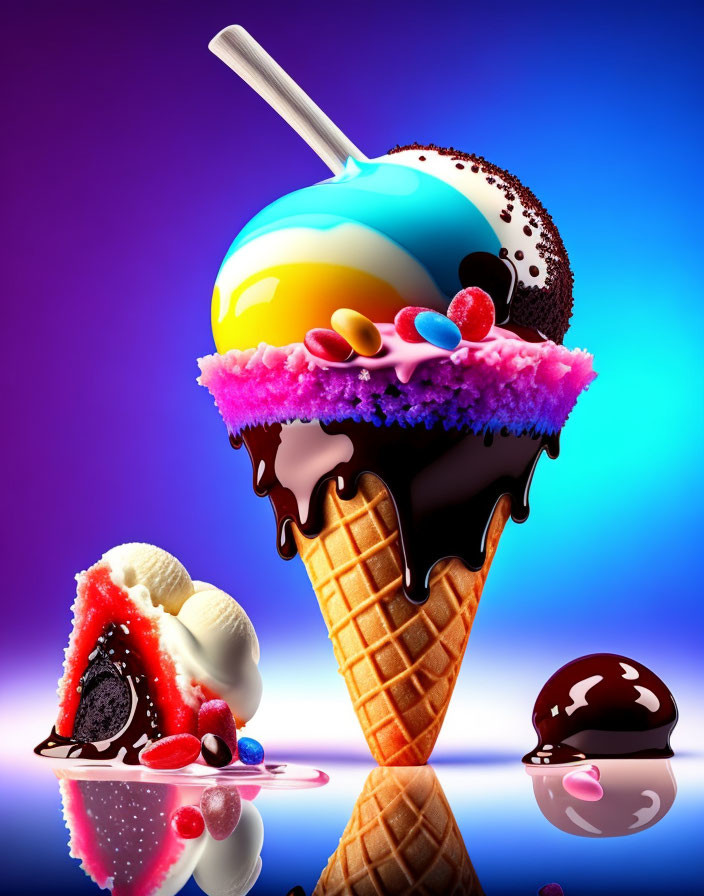 Vibrant blue and yellow ice cream cone with chocolate coating and sprinkles