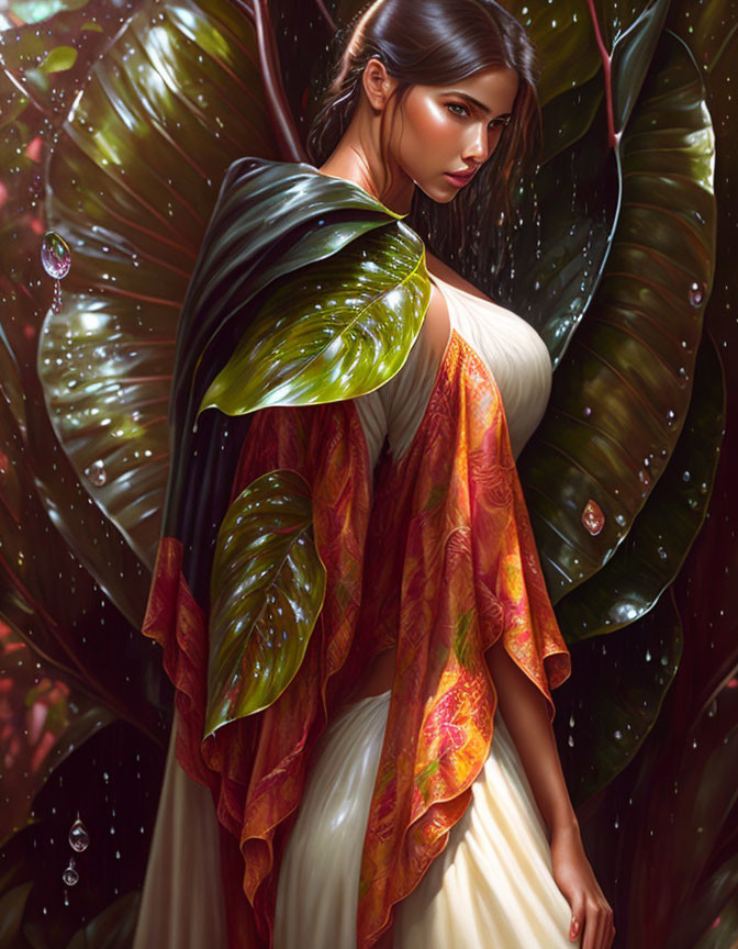 Woman in red-gold shawl surrounded by glossy green leaves under sunlight