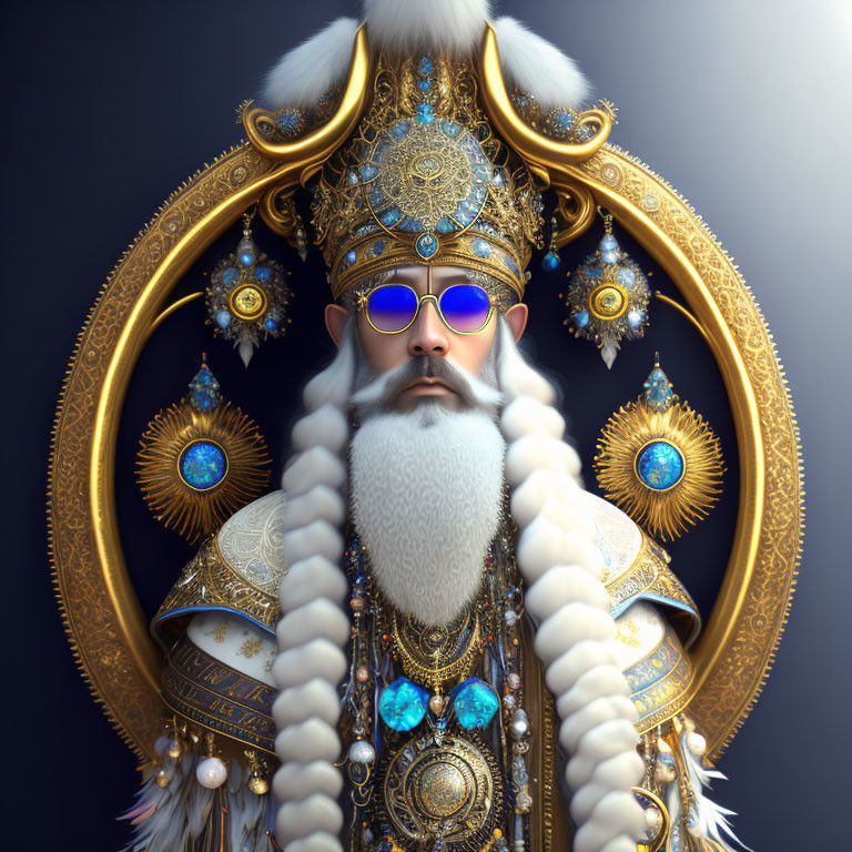 Regal figure with white beard, golden crown, jewel-encrusted attire, and ornamental