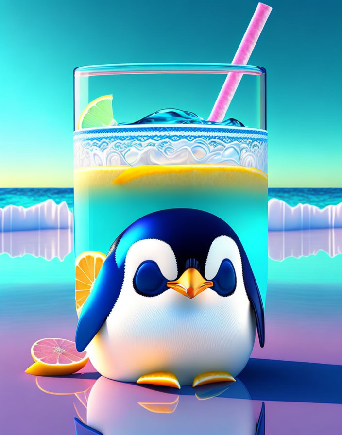 Cute Penguin with Lemonade Glass on Pink and Blue Background