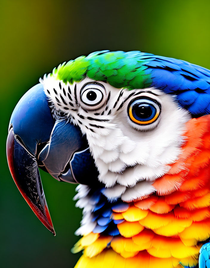 Colorful Macaw with Vibrant Feathers and Black Beak on Green Background