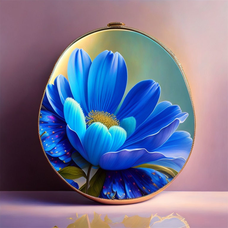 Colorful digital artwork: Blue flower with golden rim in circular frame