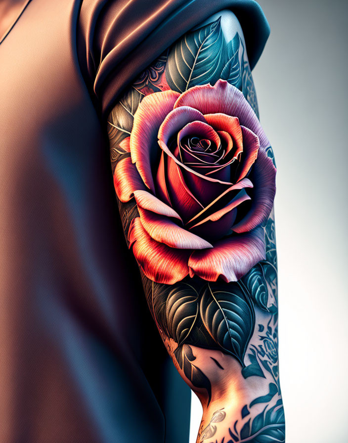 Detailed red and pink rose tattoo with dark shaded leaves on arm