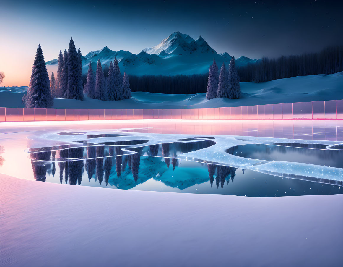 Snow-covered pine trees, mountain backdrop, frozen lake - serene winter scene