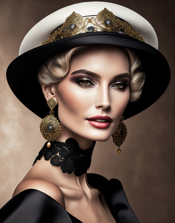 Vintage makeup and elegant attire on a woman with a wide-brimmed hat and gold accents